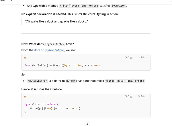 The image displays a technical explanation of Go's structural typing and the bytes.Buffer type.