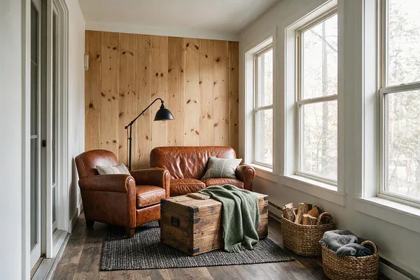 A narrow rustic sunroom with large white-trimmed windows along one side, a knotty pine plank accent wall at the end, and a dark floor lamp beside a tan leather sofa and matching armchair. A weathered wooden trunk coffee table sits on a dark textured rug, with woven baskets and folded blankets adding warmth.