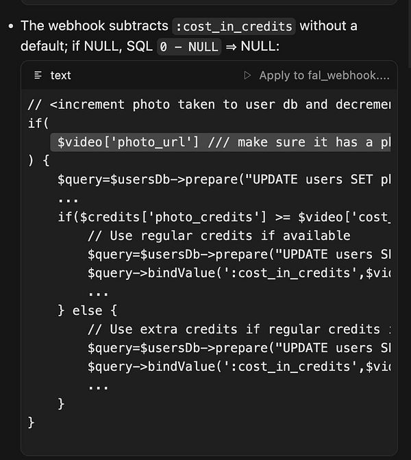 The image displays a code snippet related to a webhook for managing user credits in a database.