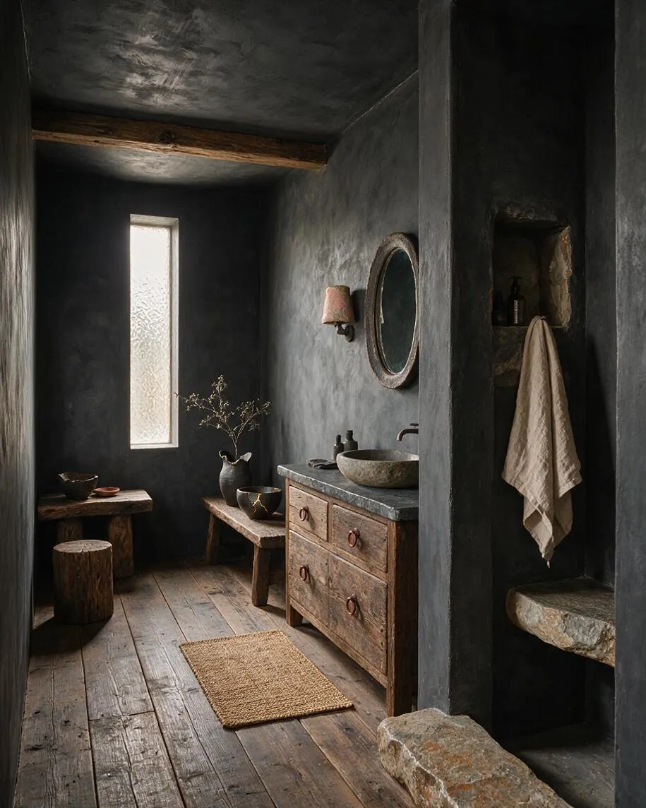 A narrow master bathroom with dark plaster walls, weathered wood flooring, and a rustic wood vanity topped with a stone sink. A small frosted window, oval mirror, built-in stone niches, and a beige towel add to the quiet, handcrafted Wabi-Sabi atmosphere.