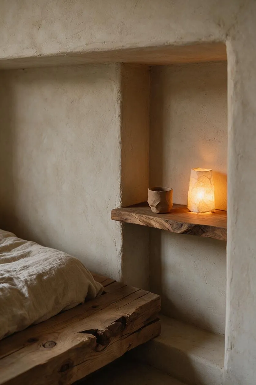 A small Wabi-Sabi bedroom alcove with plaster walls, a thick rustic wood bed platform, and a linen-covered mattress. A built-in wooden shelf holds a small handmade cup and a softly glowing paper-like lamp, creating a calm warm-lit corner.