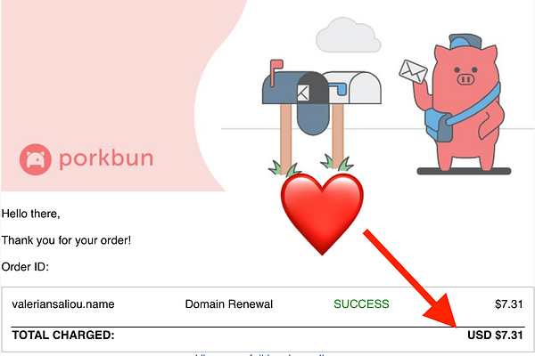 Screenshot of the Porkbun domain registration renewal page showing domain details and pricing for renewal.
