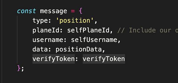 A code snippet defining a JavaScript object for sending position data.