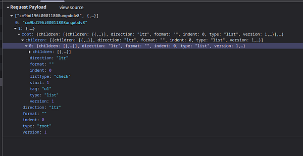 The image displays a code snippet showing a request payload structure in a developer console.
