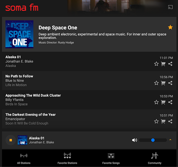 The image displays the SomaFM Deep Space One radio station interface with a playlist of ambient music tracks.