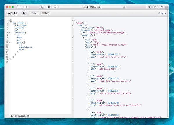 The image shows a GraphiQL interface displaying a GraphQL query and its JSON response.
