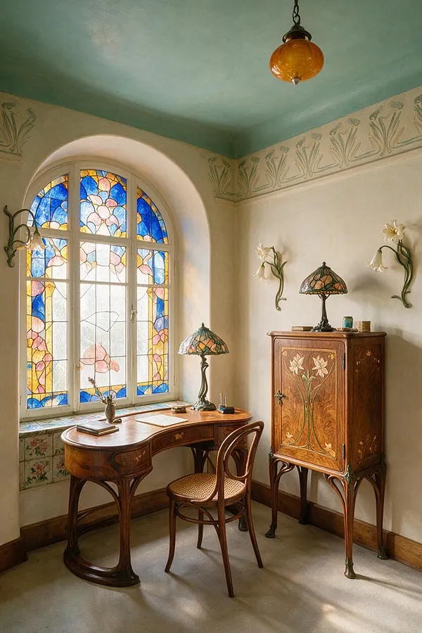 A small Art Nouveau studio apartment corner with an arched stained glass window, a curved wooden desk, a bentwood chair, and a floral cabinet. Cream walls with decorative frieze trim, a teal ceiling, and amber glass pendant lighting create a soft, elegant atmosphere.