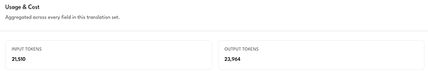 Screenshot of a webpage showing a detailed cost breakdown for text translation usage including tokens and cost metrics.