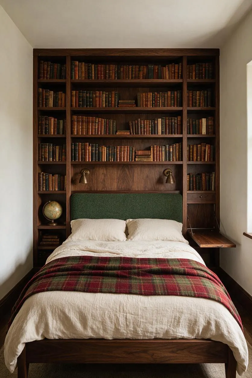 A compact bedroom centered on a wooden bed with cream bedding, a red and green plaid throw, and a dark green upholstered headboard. A floor-to-ceiling walnut bookcase fills the wall behind the bed, packed with vintage-style books and accented by brass reading lights, a globe, and a small fold-out desk.
