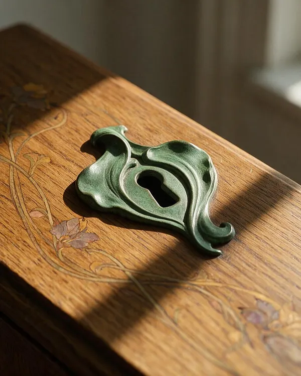 A close-up of a decorative green metal keyhole escutcheon mounted on a warm oak wooden surface. The wood features delicate floral inlay along the edge, with sunlight casting soft shadows across the carved, organic Art Nouveau hardware.