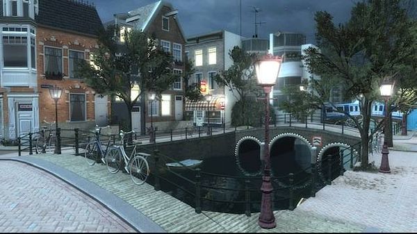 A detailed 3D-rendered scene of a canal area inspired by Amsterdam, featuring bicycles, historic buildings, and a canal with bridges at night.