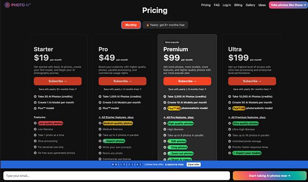 The image displays a pricing table for a service called Photo AI, outlining different subscription plans.