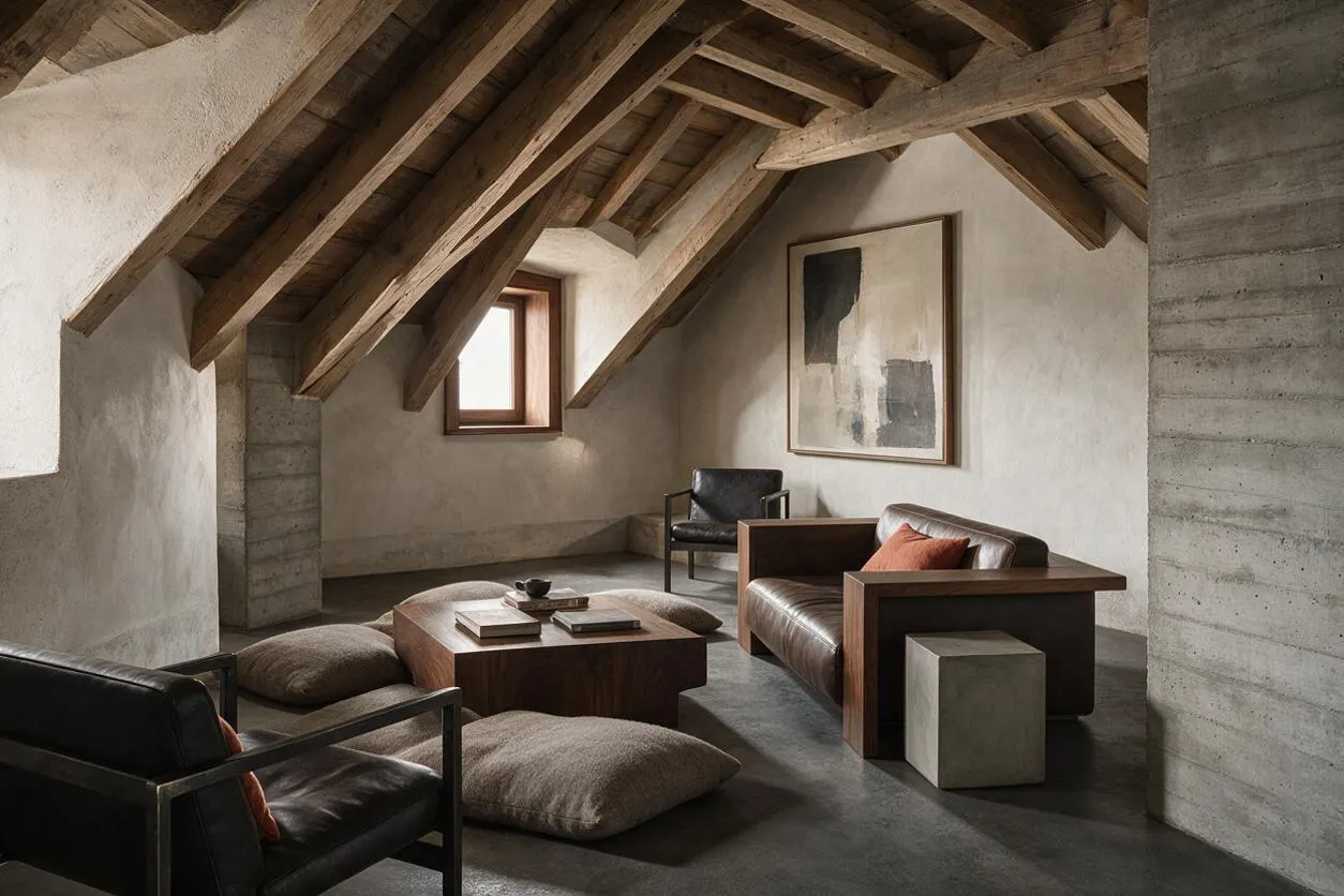 A Brutalist-style game room with exposed heavy wooden roof beams, raw concrete walls, and a dark polished floor. The space includes leather and black lounge chairs, a low wooden coffee table, oversized floor cushions, and a small window that brings in soft natural light.