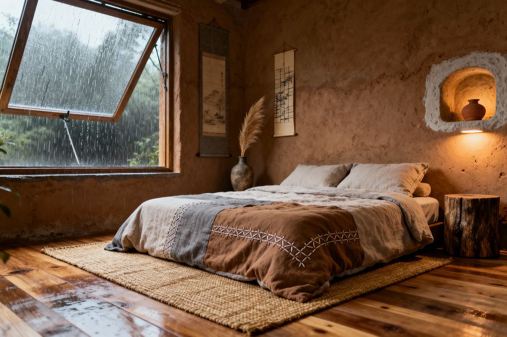 A wabi-sabi bedroom with rough earthen plaster walls and a low platform bed dressed in taupe, gray, and terracotta linen sits on a jute rug over polished wood planks. An awning window is open to the rain, with droplets visible on the glass and greenery outside. A stump bedside table, stoneware vase with pampas grass, and two hanging Japanese scrolls decorate the wall. A limewashed niche holds a clay pot illuminated by a small built-in lamp.