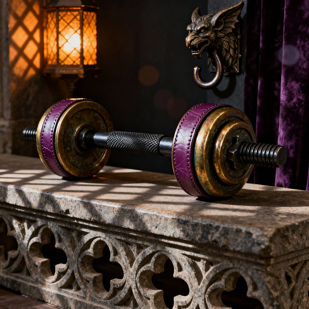 Close-up of a Gothic-inspired home gym vignette: a dumbbell with patinated brass plates and plum leather bands rests on a carved limestone bench featuring quatrefoil tracery. A warm lantern sconce casts lattice shadows across the stone, while a bronze gargoyle hook decorates a charcoal wall beside deep purple velvet drapery, creating a moody, old-world atmosphere.