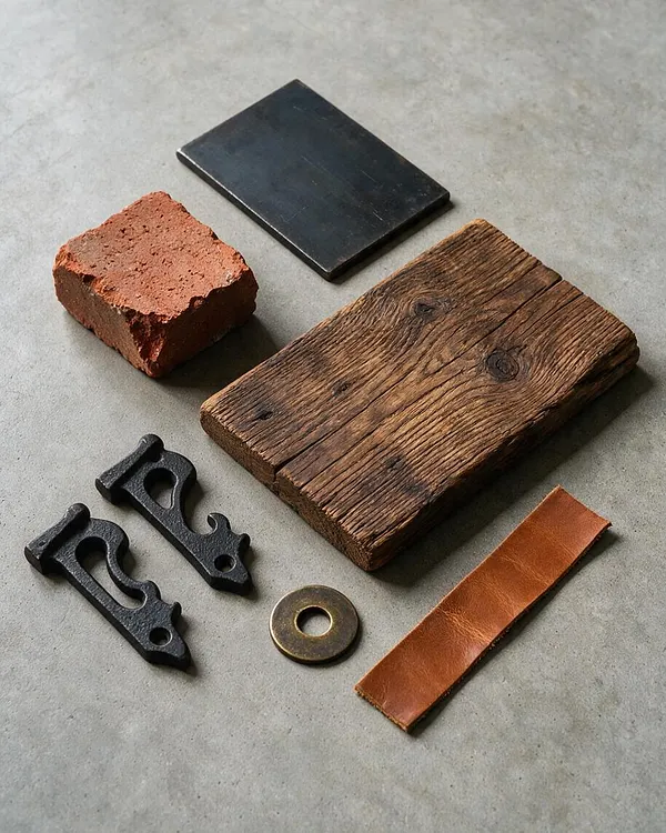 A flat lay of industrial-style materials on a light gray concrete surface, including a weathered wood plank, a red brick fragment, a black metal plate, two cast iron hardware pieces, a brass washer, and a strip of brown leather. The objects are arranged with ample spacing to highlight their textures and finishes.