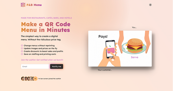 The image features a promotional design for a digital menu service aimed at restaurants, cafes, bars, and hotels.