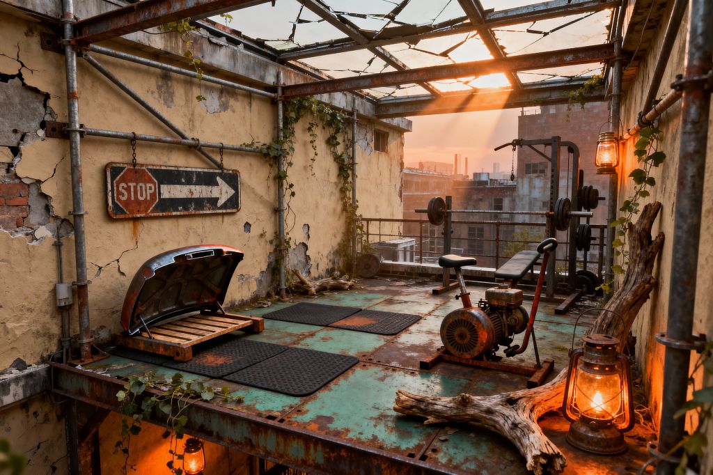 A rooftop home gym built from salvaged industrial parts shows rusted steel flooring and a scaffold frame, cracked plaster walls with a hanging “STOP” arrow sign, and trailing vines. A barbell bench with cast-iron plates and a DIY stationary bike sit on black rubber mats near a pallet platform under an open car hood; broken roof panels and a city skyline catch sunset beams as oil lanterns warm oxidized metal and driftwood.