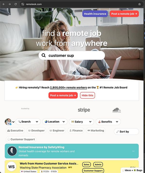 The image displays a webpage from RemoteOK featuring a job search interface for remote positions.
