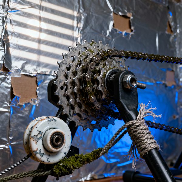 A close-up of a DIY home gym uses a salvaged bicycle cassette and oily chain mounted on a matte black steel arm, with a thick jute rope wrap and a speckled off-white ceramic pulley guiding a steel cable flecked with moss. The backdrop is corrugated cardboard covered in torn aluminum foil, pierced with rough holes and lit by cold blue light and striped shadows, creating a gritty, improvised post-apocalyptic atmosphere.