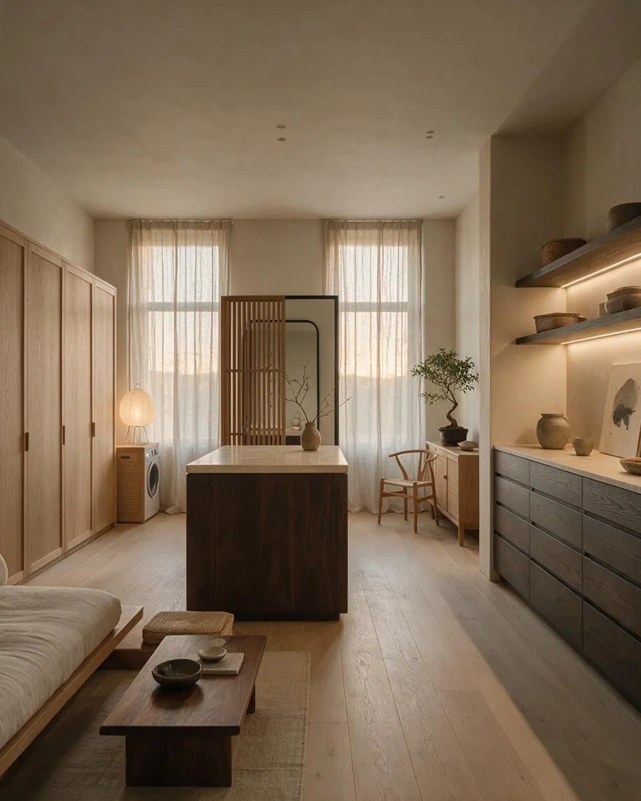 A serene Japandi-style closet room with light wood cabinetry on the left, a central island with a pale stone top, sheer curtains filtering soft daylight, and dark shelving with decorative ceramics on the right. Natural textures, a low wooden bench, and a small tea table create a calm, minimalist atmosphere.