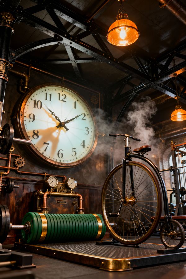 A steampunk home gym with a large brass-framed wall clock, exposed copper pipework with pressure gauges, and warm Edison pendants hanging from black steel trusses. In the foreground, a penny-farthing style exercise bike sits on a diamond-plate platform beside a green rolling weight apparatus, while wood paneling, gears, and drifting steam complete the industrial atmosphere.