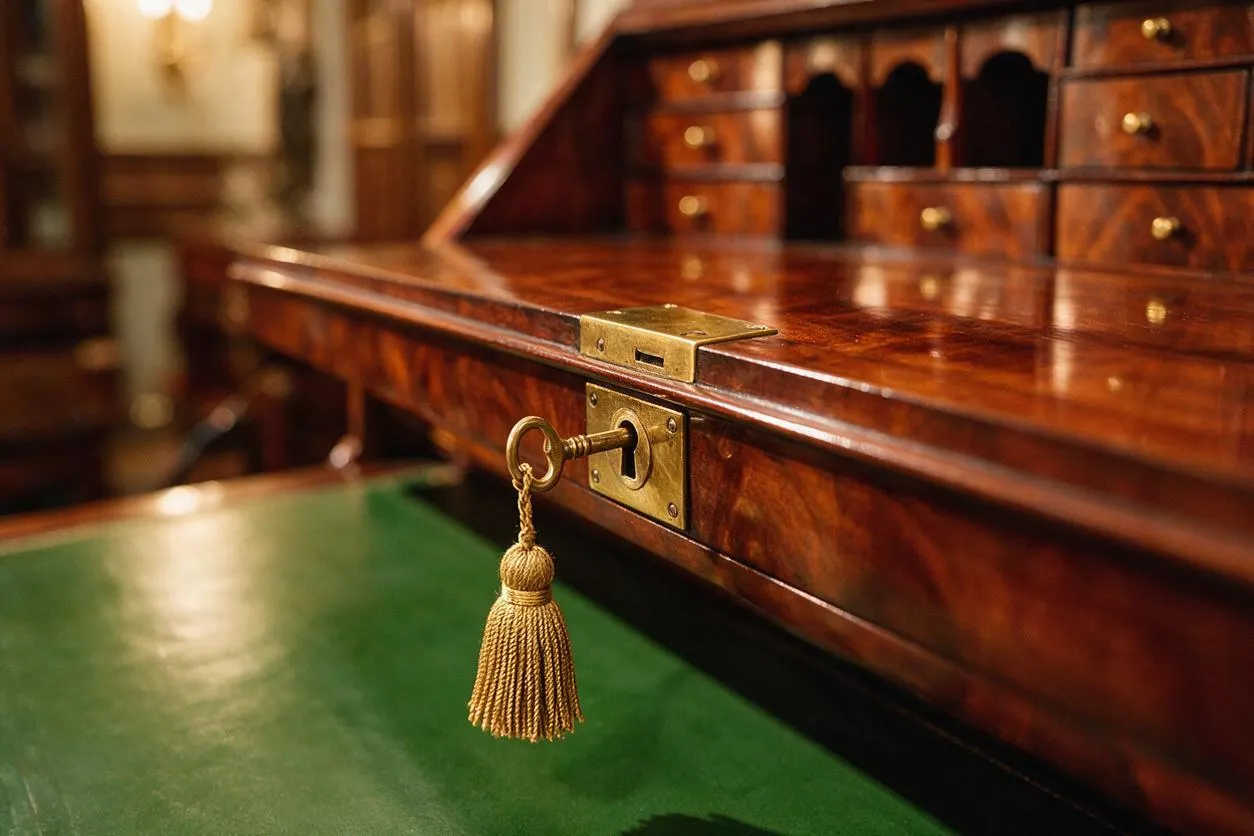 A close-up of a polished traditional wooden writing desk with rich reddish-brown veneer, brass lock hardware, and a decorative tassel key hanging from the front. A green leather writing surface fills the foreground, while the blurred background shows more carved wood cabinetry and drawers.