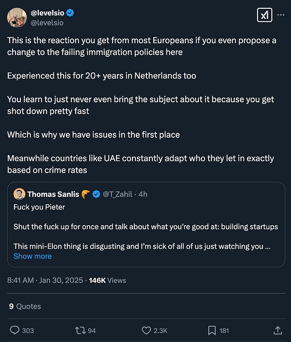 A Twitter post discussing reactions to immigration policy changes in Europe, featuring a heated exchange between users.