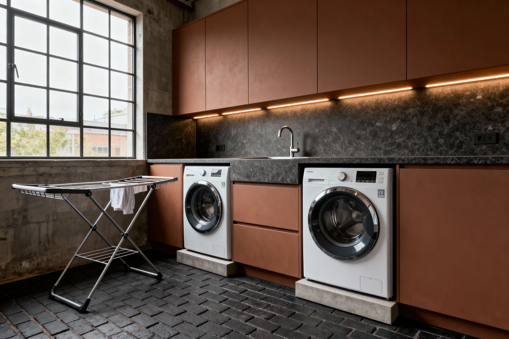 A contemporary laundry room features a large grid-style steel window, matte terracotta flat-panel cabinets, and a charcoal stone-look countertop with a matching full-height backsplash. Warm linear under-cabinet lighting highlights a stainless gooseneck faucet and inset sink, while two white front-loading machines sit on concrete plinths above a matte black brick floor; raw concrete walls and a foldable metal drying rack complete the space.