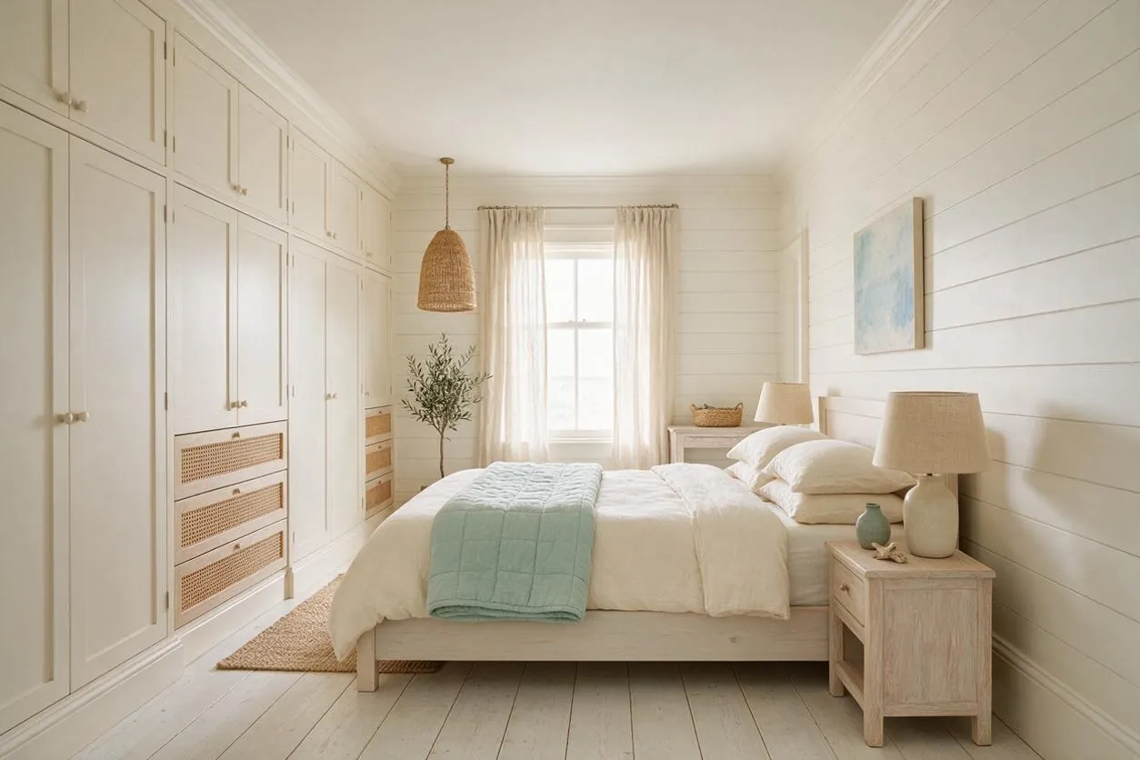 A serene coastal-style master bedroom with white shiplap walls, built-in wardrobes, and a low wood bed dressed in white bedding and a pale blue throw. Rattan, linen, and light wood accents add warmth, while soft daylight filters through sheer curtains.