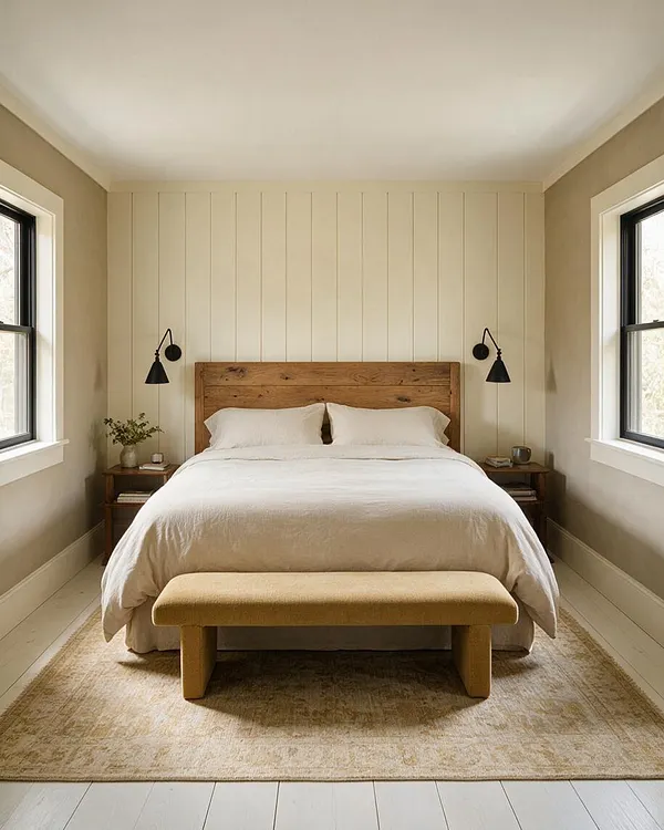 A cozy farmhouse guest bedroom with a rustic wood bed frame, white bedding, and vertical shiplap accent wall. Black wall sconces flank the bed, and matching wood nightstands sit beside two black-framed windows, with a upholstered bench and muted area rug completing the calm neutral space.