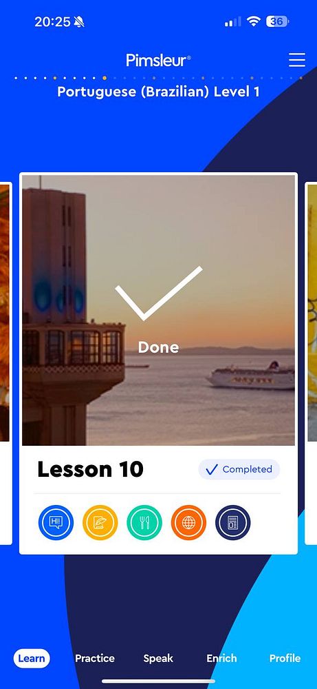 The image displays a completed lesson from the Pimsleur language learning app for Brazilian Portuguese.