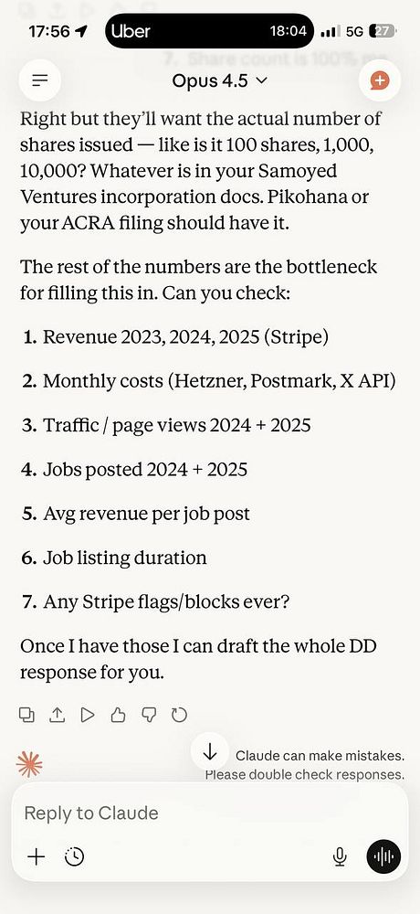 Screenshot of a chat interface showing a conversation about an interview question for due diligence.