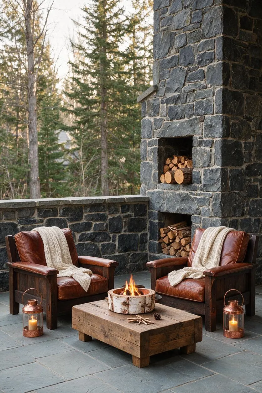 A rustic backyard patio with two brown leather armchairs draped in cream knit throws, arranged around a low wooden coffee table with a small fire bowl. A tall stone fireplace and matching stone wall frame the seating area, with lanterns glowing on the slate floor and a wooded landscape in the background.