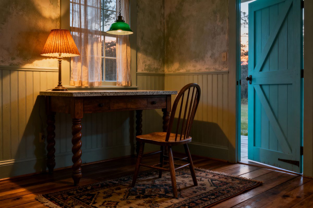 Room AI – Cozy Farmhouse Study with Turquoise Barn Door - Interior