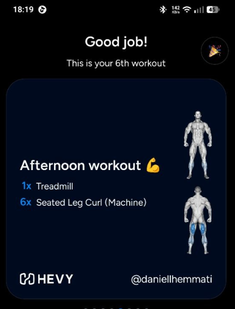Notification of completion of the 6th workout featuring treadmill and seated leg curl exercises with muscle focus illustrations.