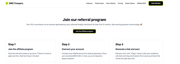 The image displays a webpage for the SMS Troopers affiliate program, outlining the steps to join and earn commissions.