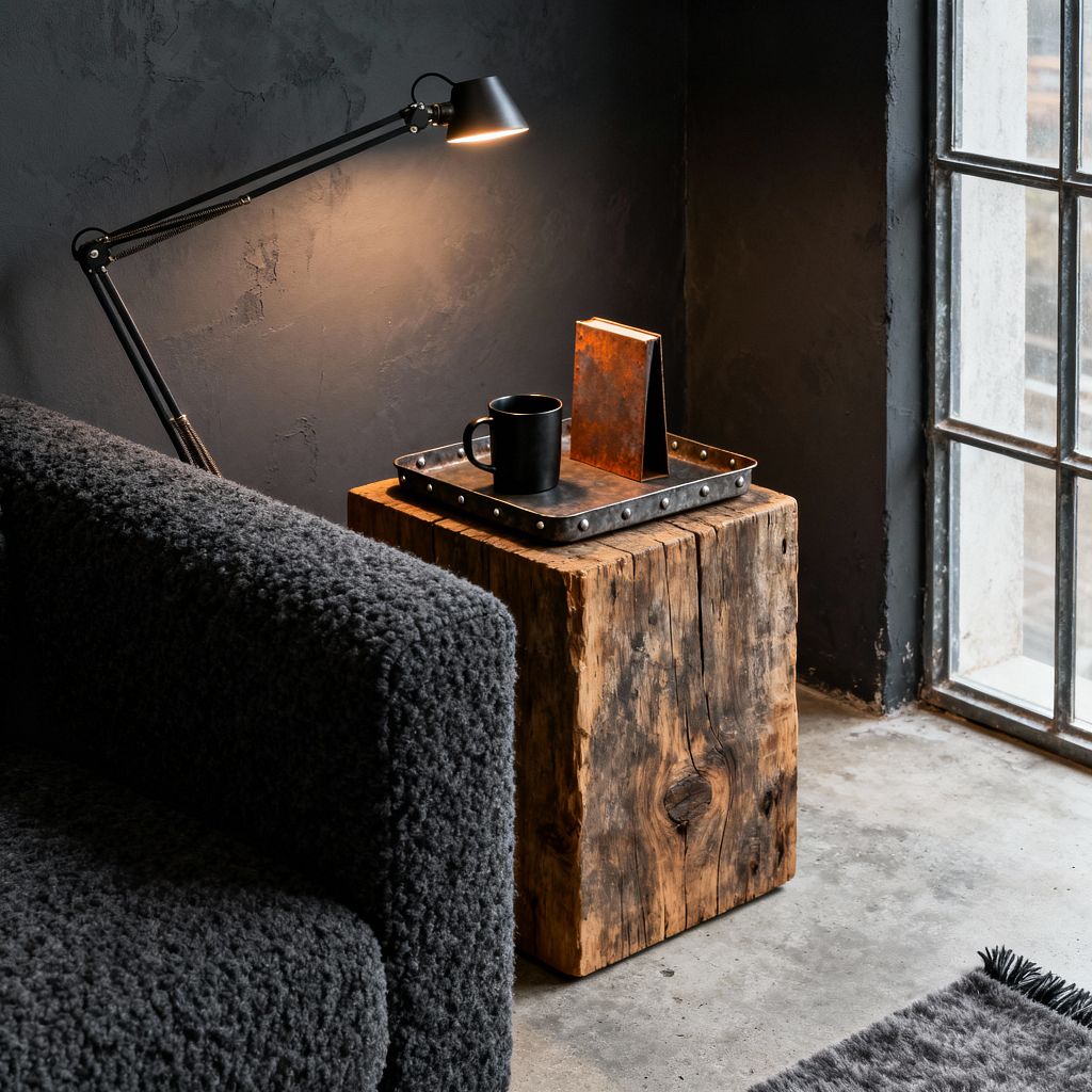 A moody industrial living room corner features a charcoal boucle sofa beside a solid block of reclaimed wood used as a side table. A black swing-arm task lamp casts warm light onto a riveted metal tray holding a black mug and a rust-toned notebook. The backdrop is a dark, textured plaster wall, with daylight entering through a steel-framed factory-style window. The floor is raw concrete with a thick gray rug at the edge of the scene.