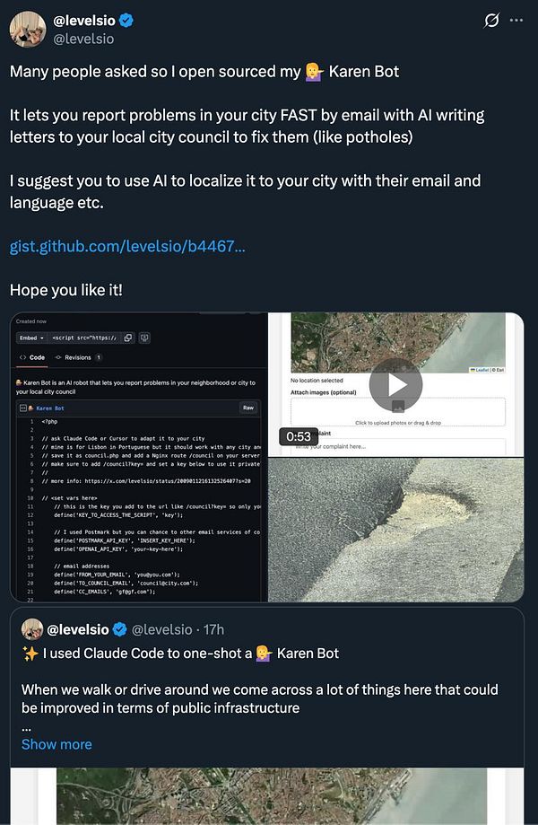 Screenshot of a Twitter post discussing an open source Karen Bot for reporting city problems in Portugal.