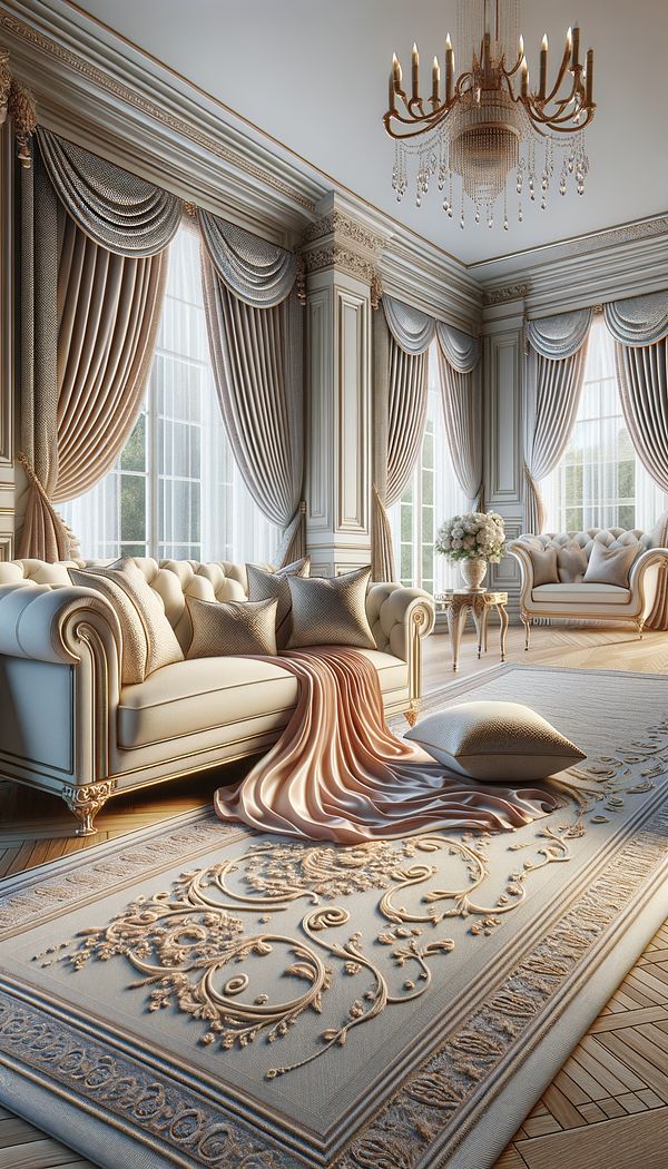 A luxurious living room scene featuring a plush, rayon-upholstered sofa with decorative rayon throw pillows, elegant rayon draperies adorning the windows, and a soft rayon area rug underfoot.