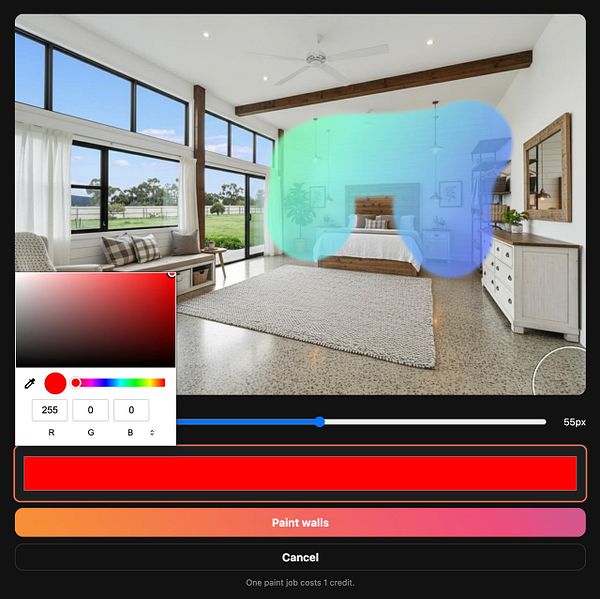 A modern interior room with a painting tool interface overlay.