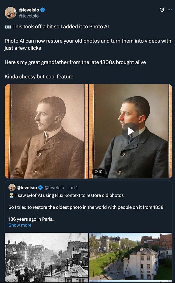 A Twitter post showcasing a restored photo of the user's great grandfather alongside a video preview.