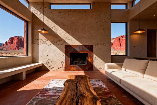 A Southwestern living room with large picture windows framing red desert cliffs, centered on a rusted steel fireplace set in textured earthen-plaster walls. A cream linen sofa faces a live-edge wood coffee table atop a patterned wool rug over terracotta concrete floors, with a built-in plaster bench under one window; black metal dome pendants hang overhead as strong sunlight casts diagonal shadows across the space.