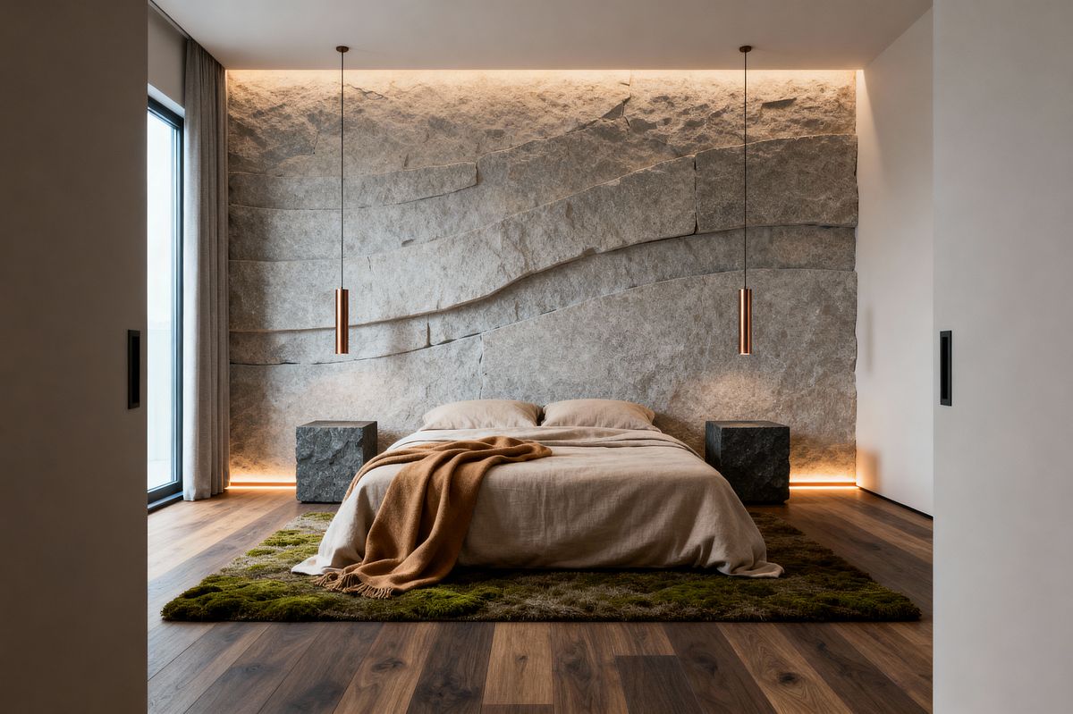 Room AI – Contemporary Bedroom with Sculpted Stone Wall - Interior