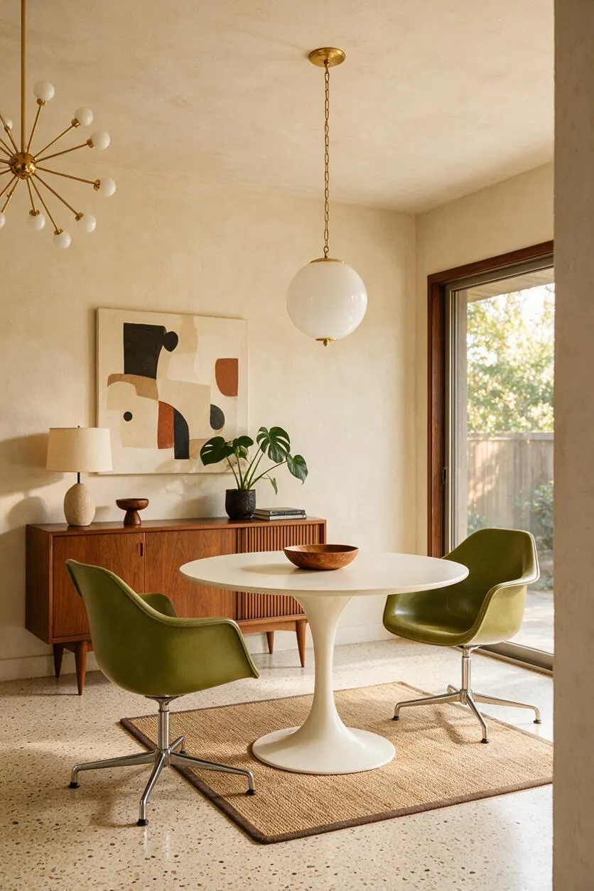 A Mid-Century Modern dining nook with two olive-green swivel chairs around a white tulip table on a natural jute rug. A walnut sideboard, abstract wall art, globe pendant, and starburst chandelier complete the warm, sunlit room.