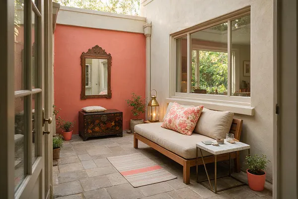 A small eclectic backyard courtyard with stone pavers, cream stucco walls, and a coral accent wall holding an ornate mirror above a painted chest. A wood-framed cushioned daybed with floral pillows sits beside a brass lantern and a marble-top side table, with potted plants and a striped rug adding warmth.