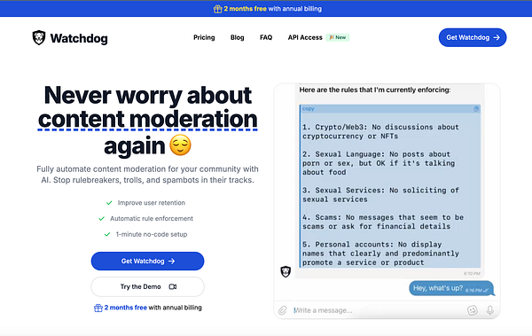 The image features a promotional webpage for Watchdog, highlighting its content moderation services alongside a chat interface displaying enforced rules.