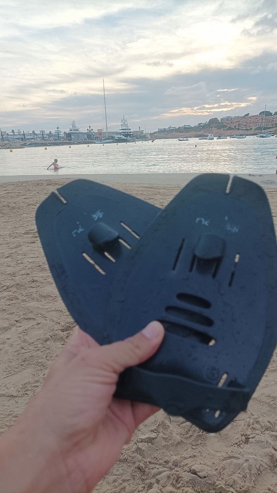 A person holds swim paddles in front of a beach scene at sunset.
