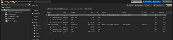 The image displays a Proxmox Virtual Environment interface showing the storage configuration of a home server.