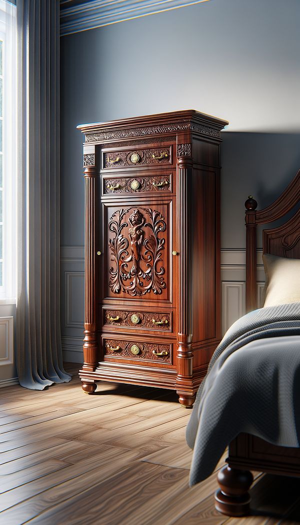 A tall mahogany tallboy with ornate carvings and brass handles, placed in a well-lit bedroom next to a window.